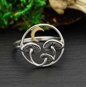 Silver Mushroom Ring with Brass Moon