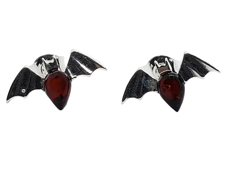 Cherry Amber Sterling Silver Bat Stud Earrings