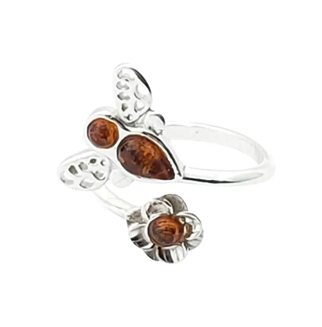 Cognac Amber Bee And Flower Adjustable Ring