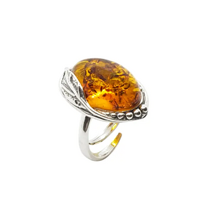 Cognac Amber & Sterling Silver Adjustable Ring (Leaf Design)
