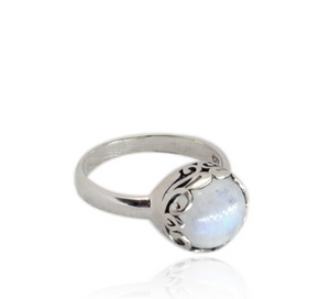 Rainbow Moonstone Cabochon Ring in Balinese Setting