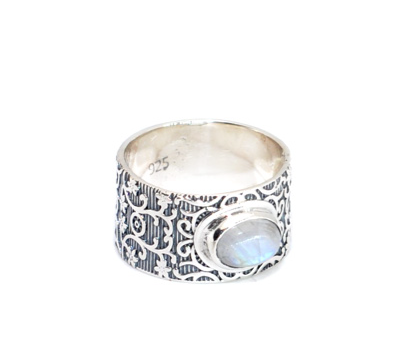 Oval Moonstone Cabochon Ring in Scroll Setting