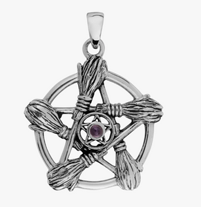 Silver Broom Pentagram with Amethyst Pendant