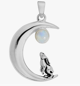 Silver Hare In Moon Pendant