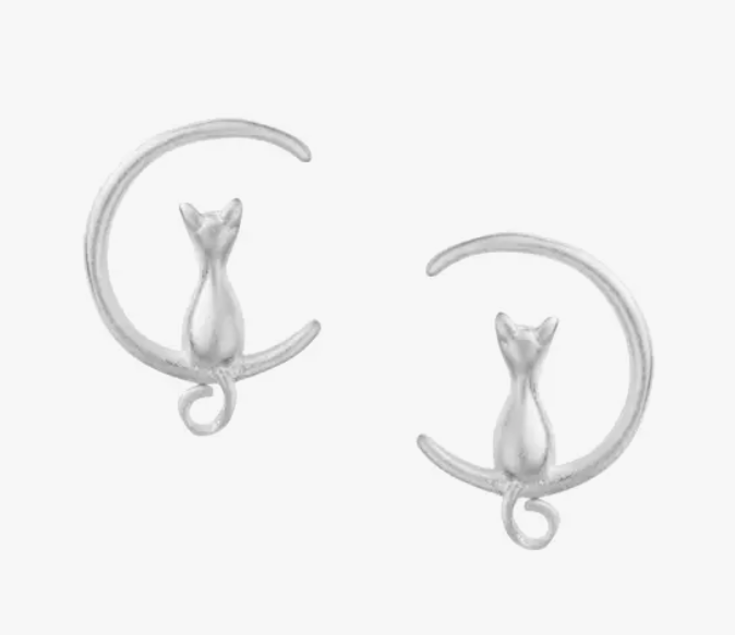 Silver Cat in Crescent Moon Studs