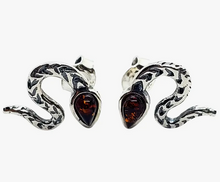 Load image into Gallery viewer, Cherry Amber Sterling Silver Snake Stud Earrings
