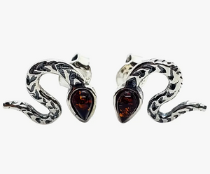 Cherry Amber Sterling Silver Snake Stud Earrings