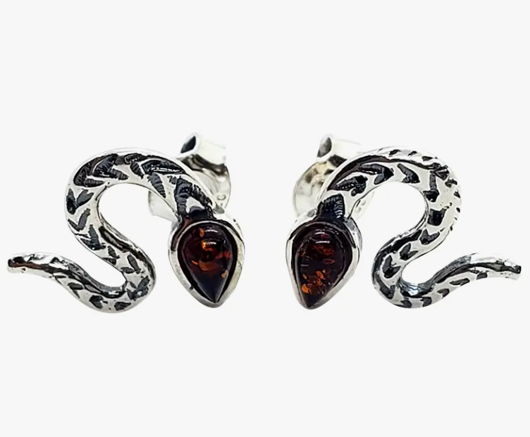 Cherry Amber Sterling Silver Snake Stud Earrings