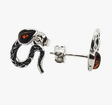 Load image into Gallery viewer, Cherry Amber Sterling Silver Snake Stud Earrings
