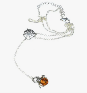 Amber & Sterling Silver Spider with Web Necklace