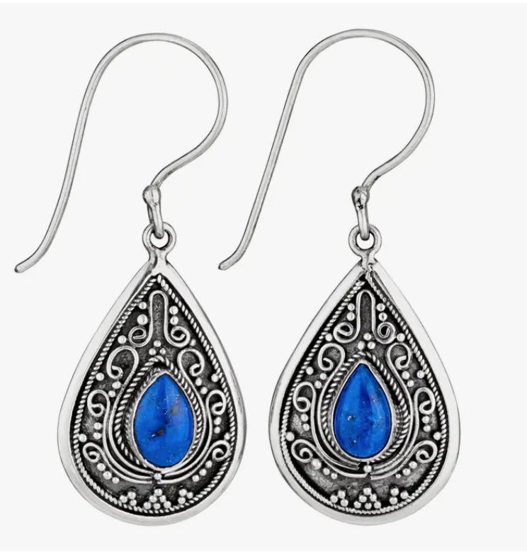 Teardrop Lapis Earrings In Detailed Silver Setting