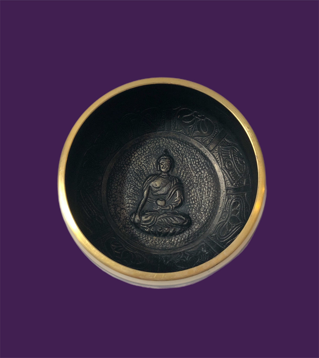 Black Cast Aluminum Singing Bowl with Buddha (4.5
