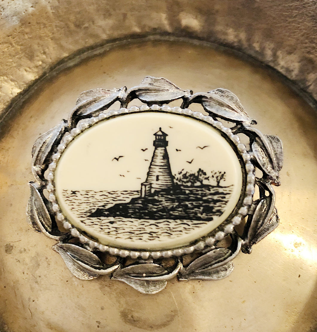 Vintage Pewter & Bone Lighthouse Pin