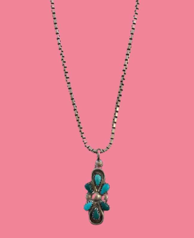 Vintage Mexican Silver Turquoise & Malachite Pendant & Chain