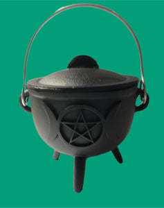 Cast Iron Cauldron with Triple Goddess Pentacle Symbol