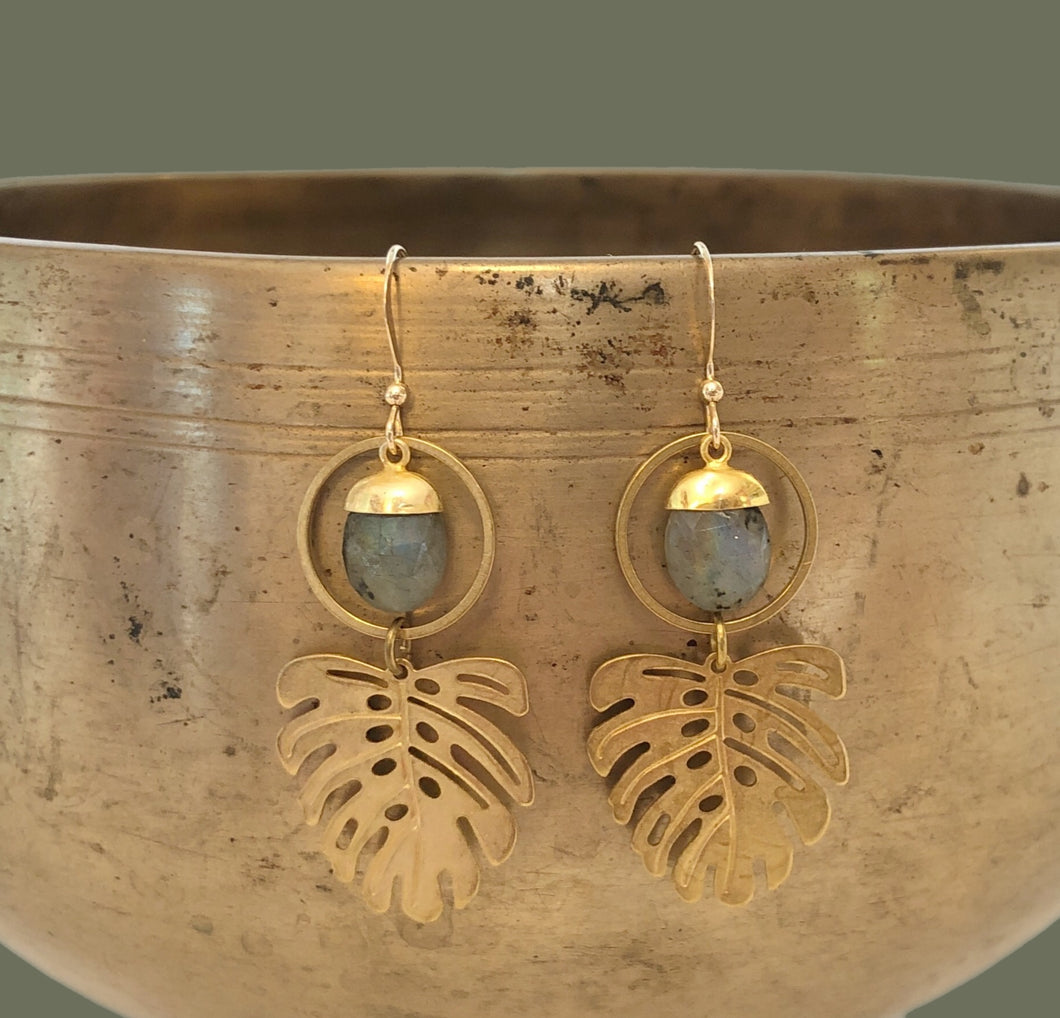 Brass Monstera Leaf Earrings with Faceted Labradorites