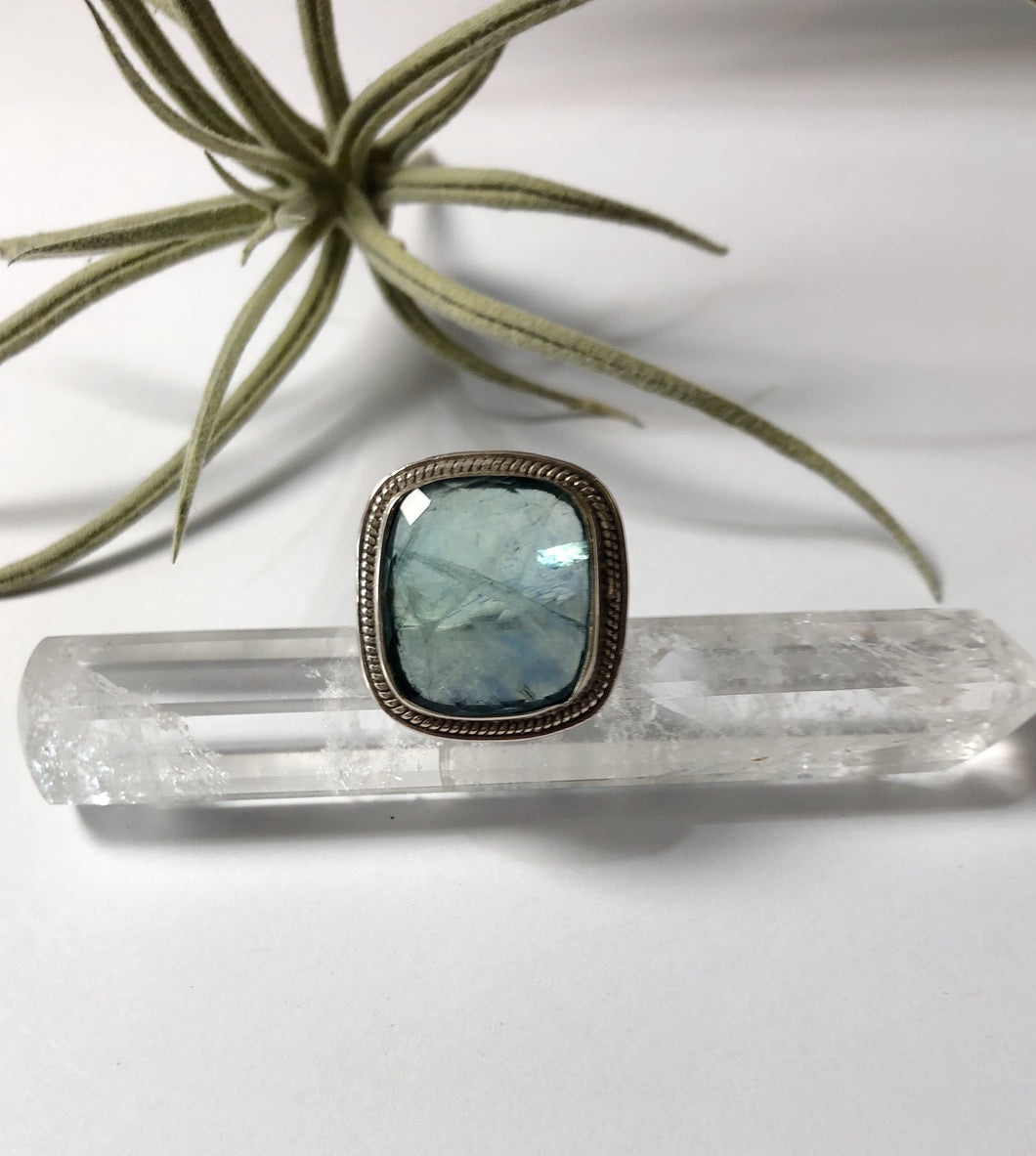 Silver Ring with Large Faceted Apatite