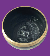 Load image into Gallery viewer, Black Cast Aluminum Singing Bowl with Buddha Design (4&quot;)

