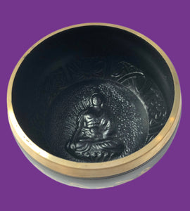 Black Cast Aluminum Singing Bowl with Buddha Design (4")