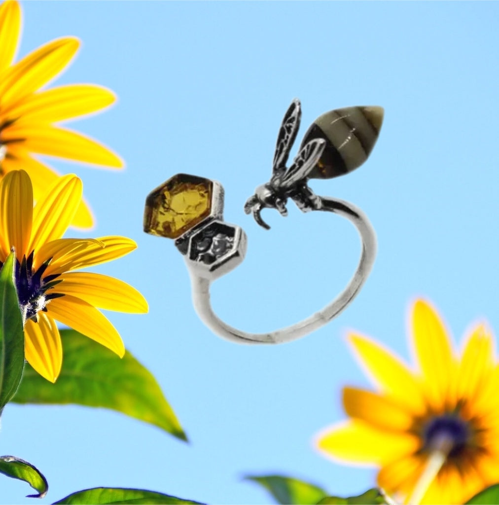 Amber & Sterling Silver Adjustable Bee Ring