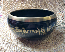 Load image into Gallery viewer, Black Cast Aluminum Singing Bowl with Buddha Design (4.5&quot;)
