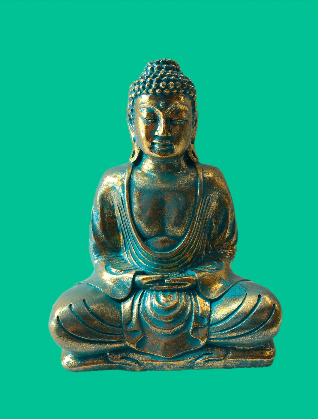 Small Turquoise & Gold Buddha Statue (Resin-Indoor/Outdoor)