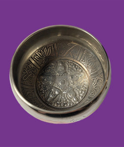 Silver Cast Aluminum Singing Bowl with 5 Buddhas (4.5")