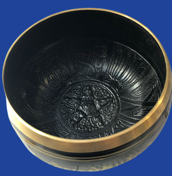 Black Cast Aluminum Singing Bowl with Five Buddha's Design (7